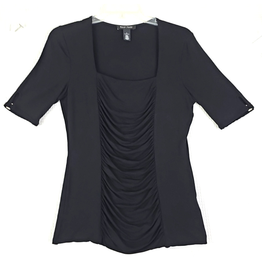 White House Black Market ~Woman Size S~ Black Stretch Top Shirt Short Sleeve. - Picture 5 of 11